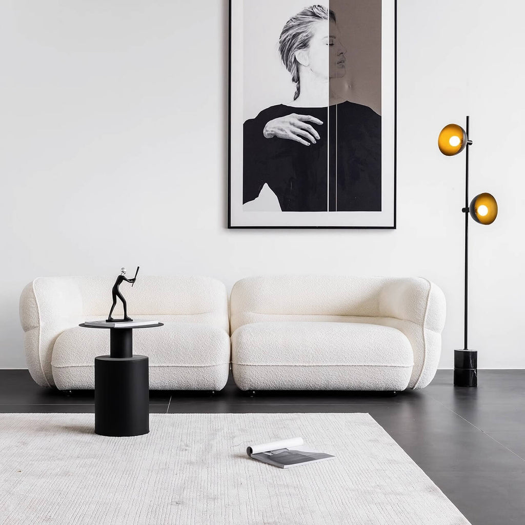 3-seater retro white boucle sofa with cushion back and solid wood frame main product image