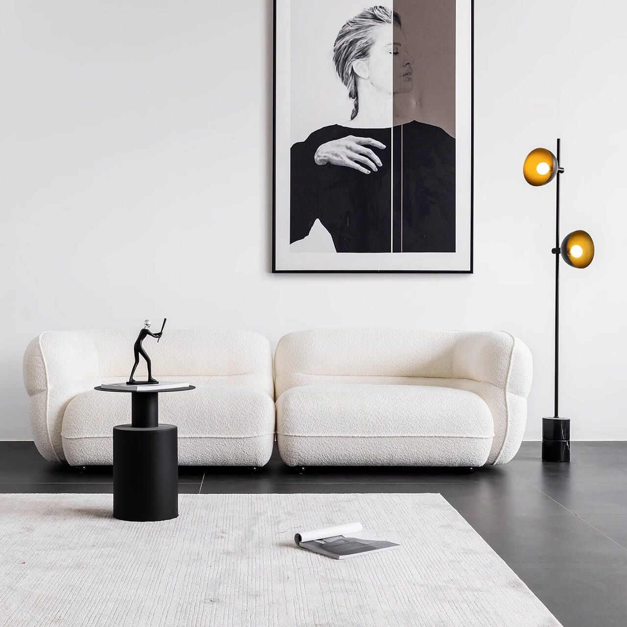 3-seater retro white boucle sofa with cushion back and solid wood frame main product image