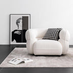 3-seater retro white boucle sofa with cushion back and solid wood frame
