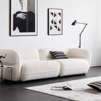 3-seater retro white boucle sofa with cushion back and solid wood frame
