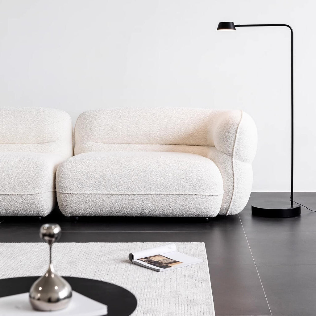 3-seater retro white boucle sofa with cushion back and solid wood frame