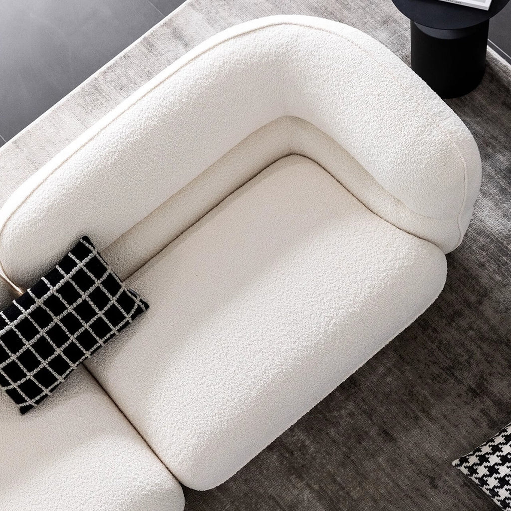 3-seater retro white boucle sofa with cushion back and solid wood frame