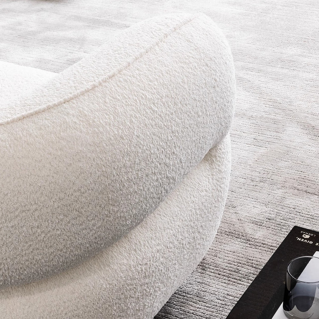 3-seater retro white boucle sofa with cushion back and solid wood frame