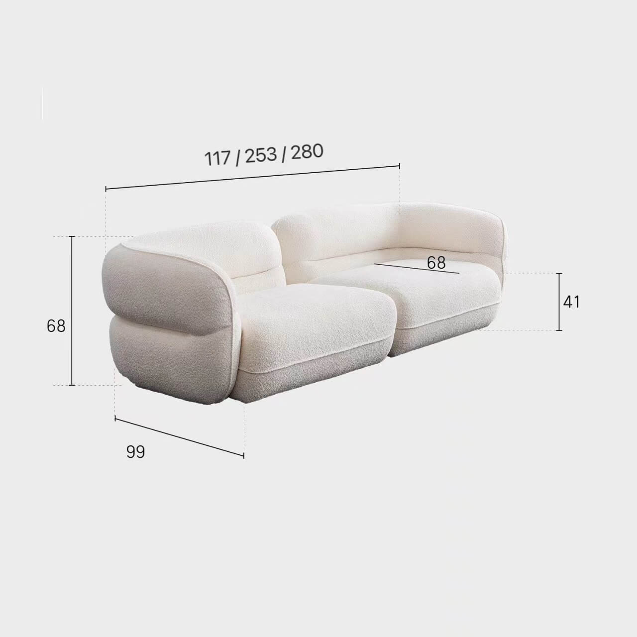 3-seater retro white boucle sofa with cushion back and solid wood frame dimensions