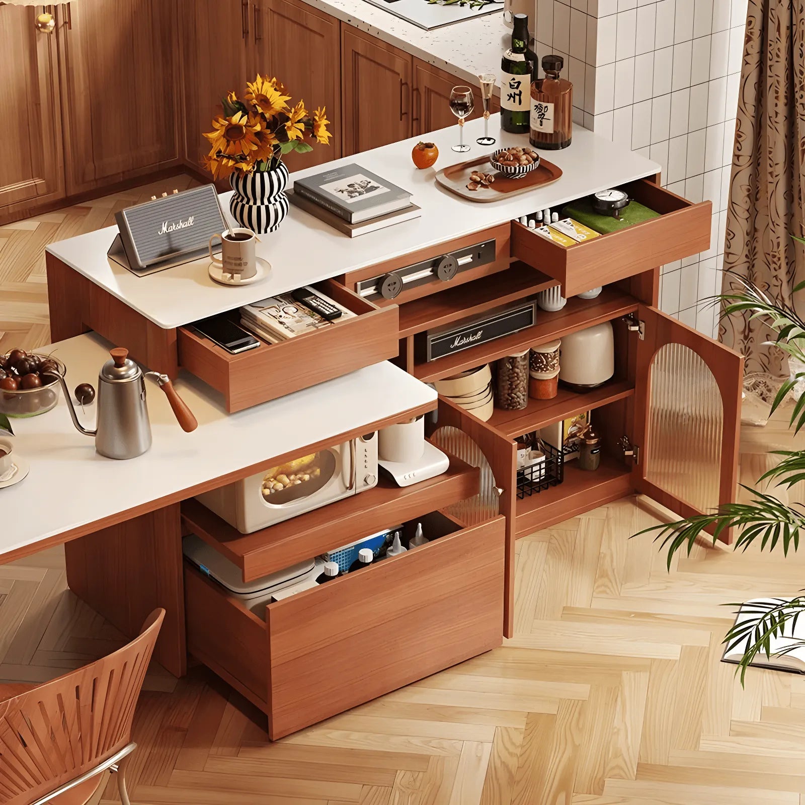 Retro Wood Extendable Kitchen Island Table With Storage and Casters
