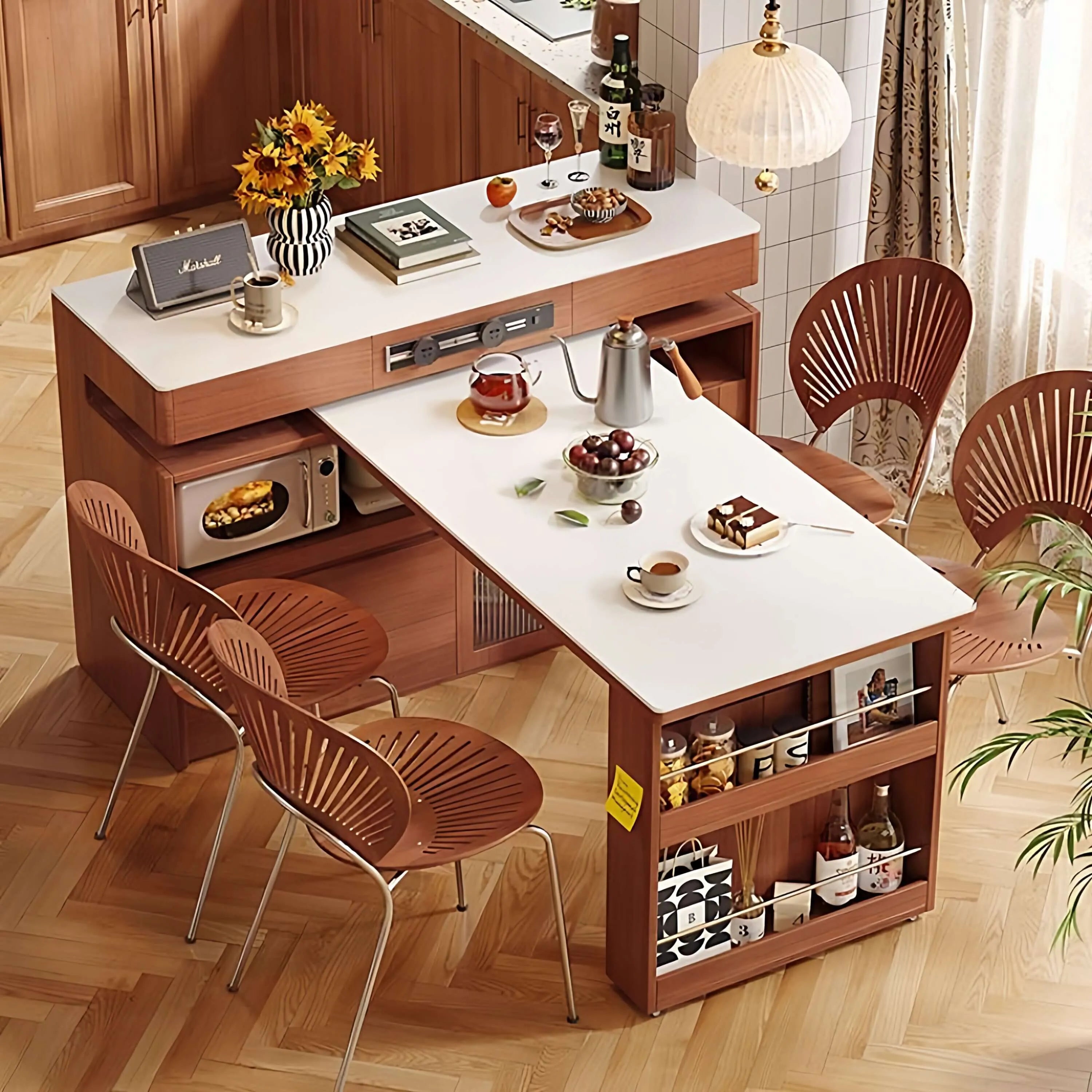 Table îlot de cuisine extensible en bois rétro avec rangement et roulettes Image secondaire du produit