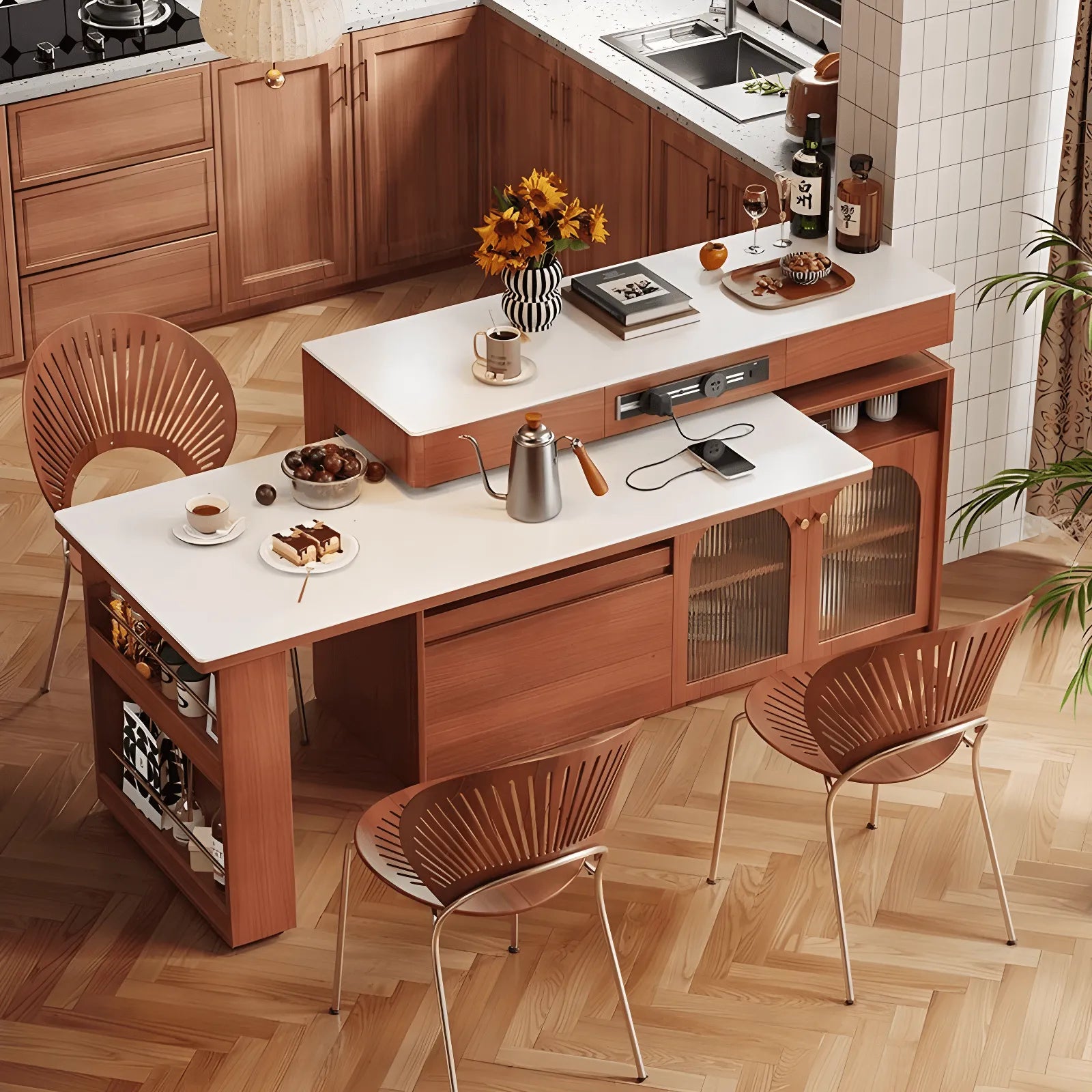 Retro Wood Extendable Kitchen Island Table With Storage and Casters