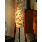Rice Paper Floral Floor Lamp With Ash Wood Tripod Wabi Sabi Glow