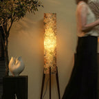 Rice Paper Floral Floor Lamp With Ash Wood Tripod Wabi Sabi Glow