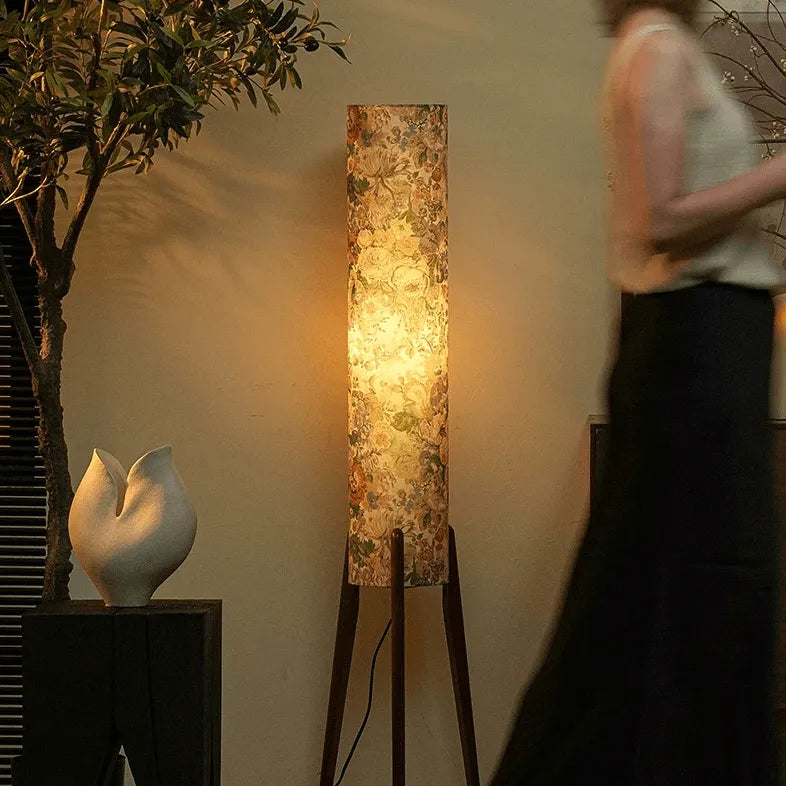 Rice Paper Floral Floor Lamp With Ash Wood Tripod Wabi Sabi Glow