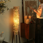 Rice Paper Floral Floor Lamp With Ash Wood Tripod Wabi Sabi Glow