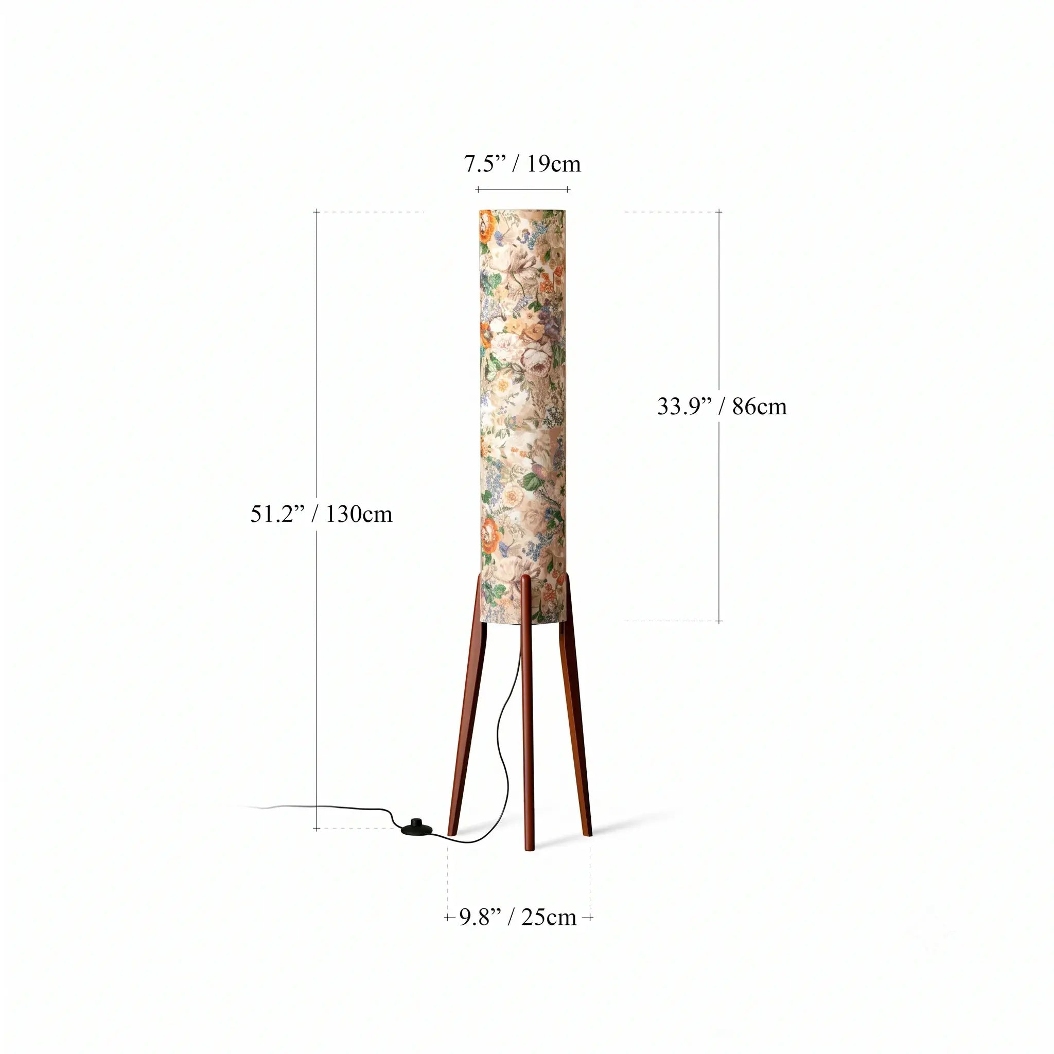 Rice Paper Floral Floor Lamp With Ash Wood Tripod Wabi Sabi Glow Dimensions