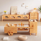 Ripple Glass Ash Wood Coffee Table With Rolling Storage Tray Design