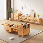 Ripple Glass Ash Wood Coffee Table With Rolling Storage Tray Design