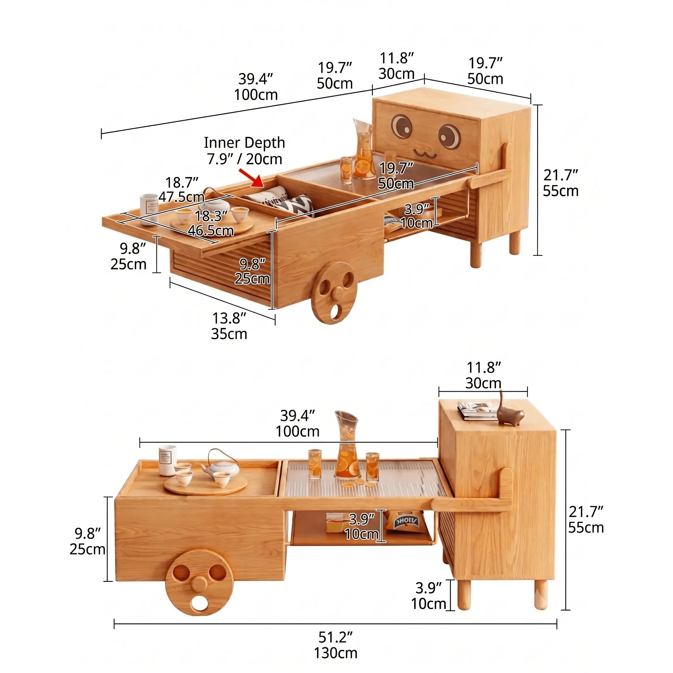 Ripple Glass Ash Wood Coffee Table With Rolling Storage Tray Design Dimensions
