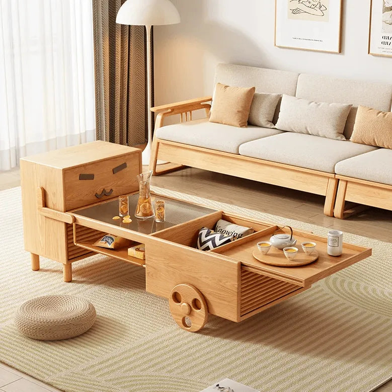 Ripple Glass Ash Wood Coffee Table With Rolling Storage Tray Design Main Product Image Image principale du produit