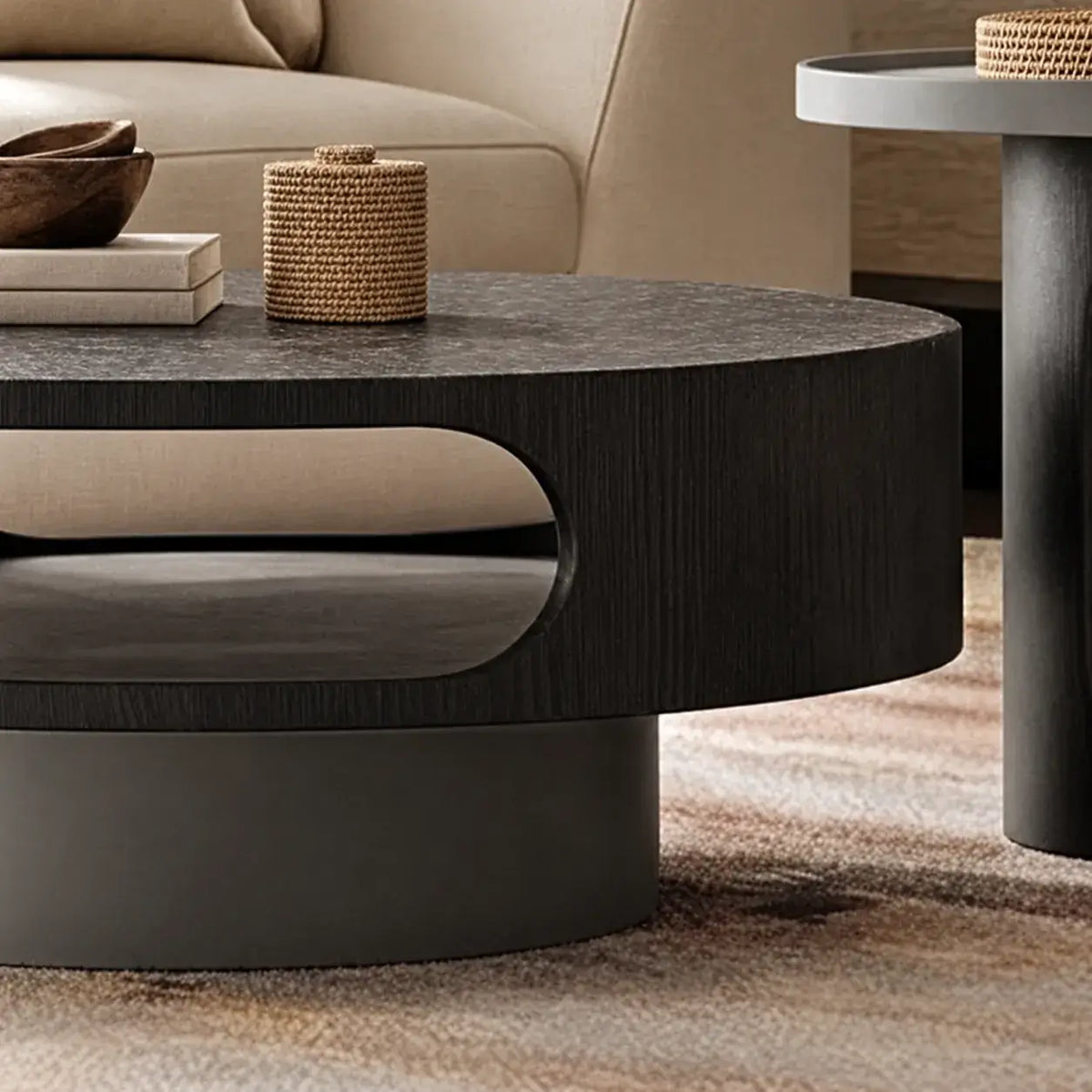 Ripple Glass Coffee Table Set with Tiered Round Forms and Oak Veneer