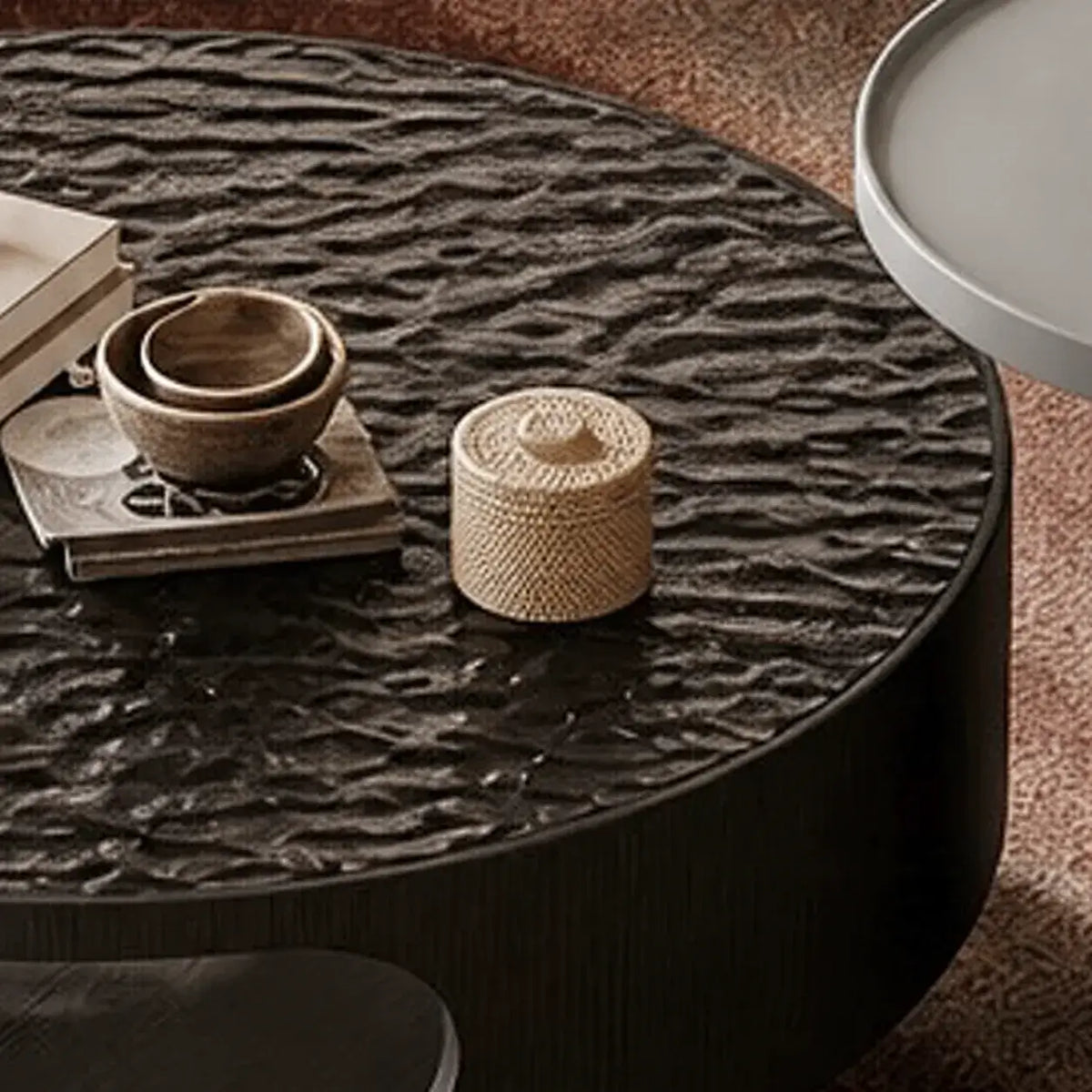 Ripple Glass Coffee Table Set with Tiered Round Forms and Oak Veneer