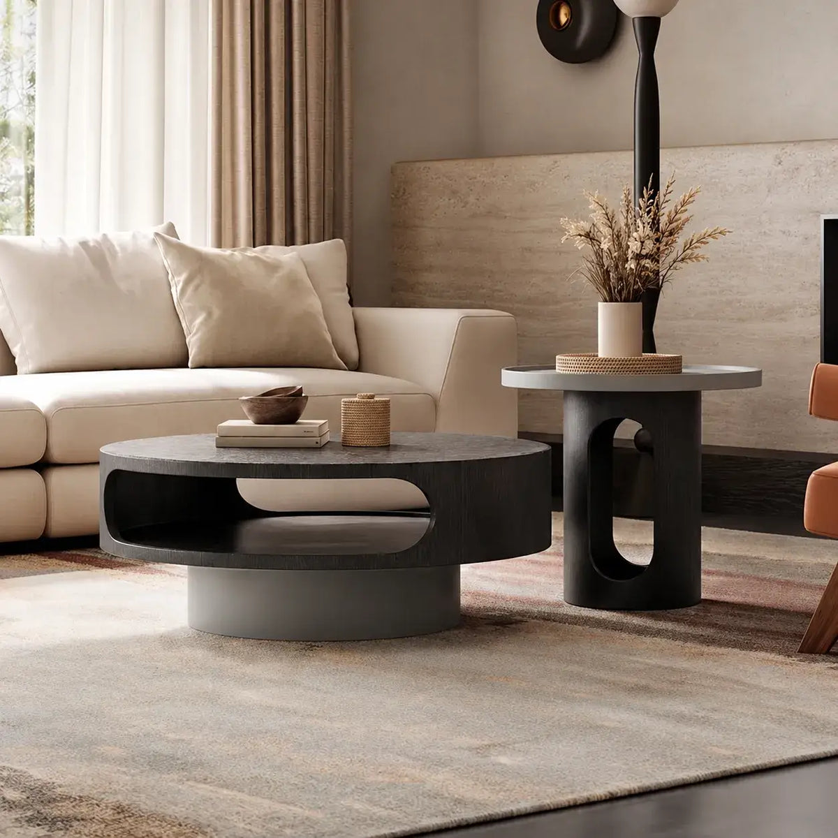 Ripple Glass Coffee Table Set with Tiered Round Forms and Oak Veneer Main Product Image