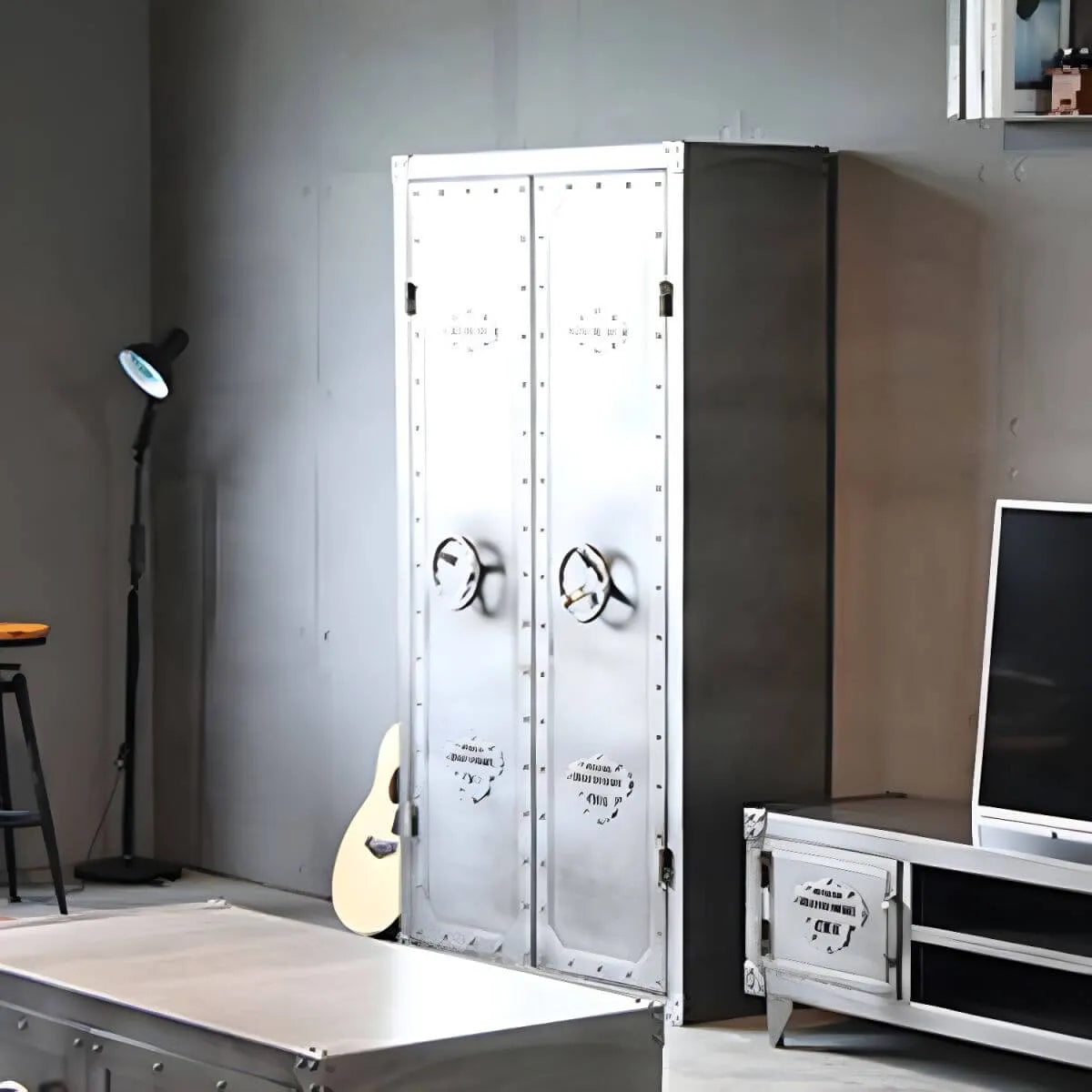 Rivet Metal Wardrobe Armoire With Hanging Rod and Shelves