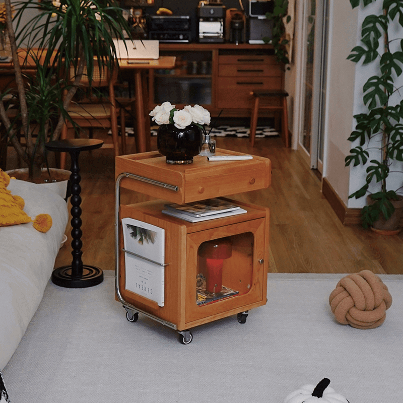 Robot-Shaped Wooden Side Table With Tilting Top & Wheels
