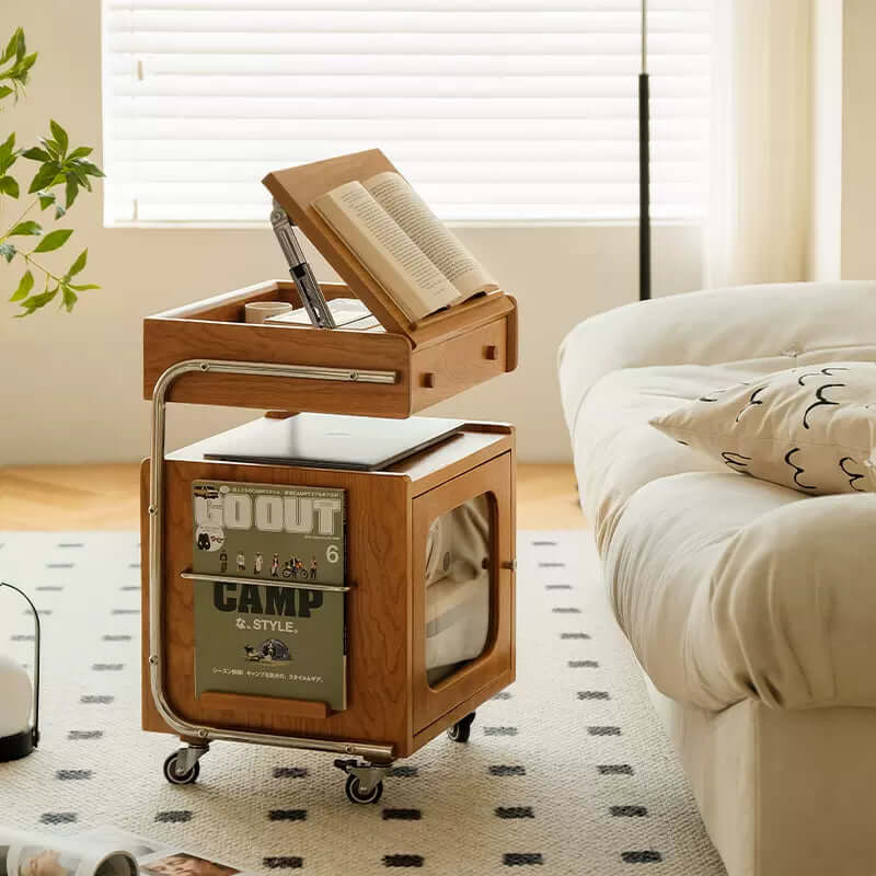 Robot-Shaped Wooden Side Table With Tilting Top & Wheels