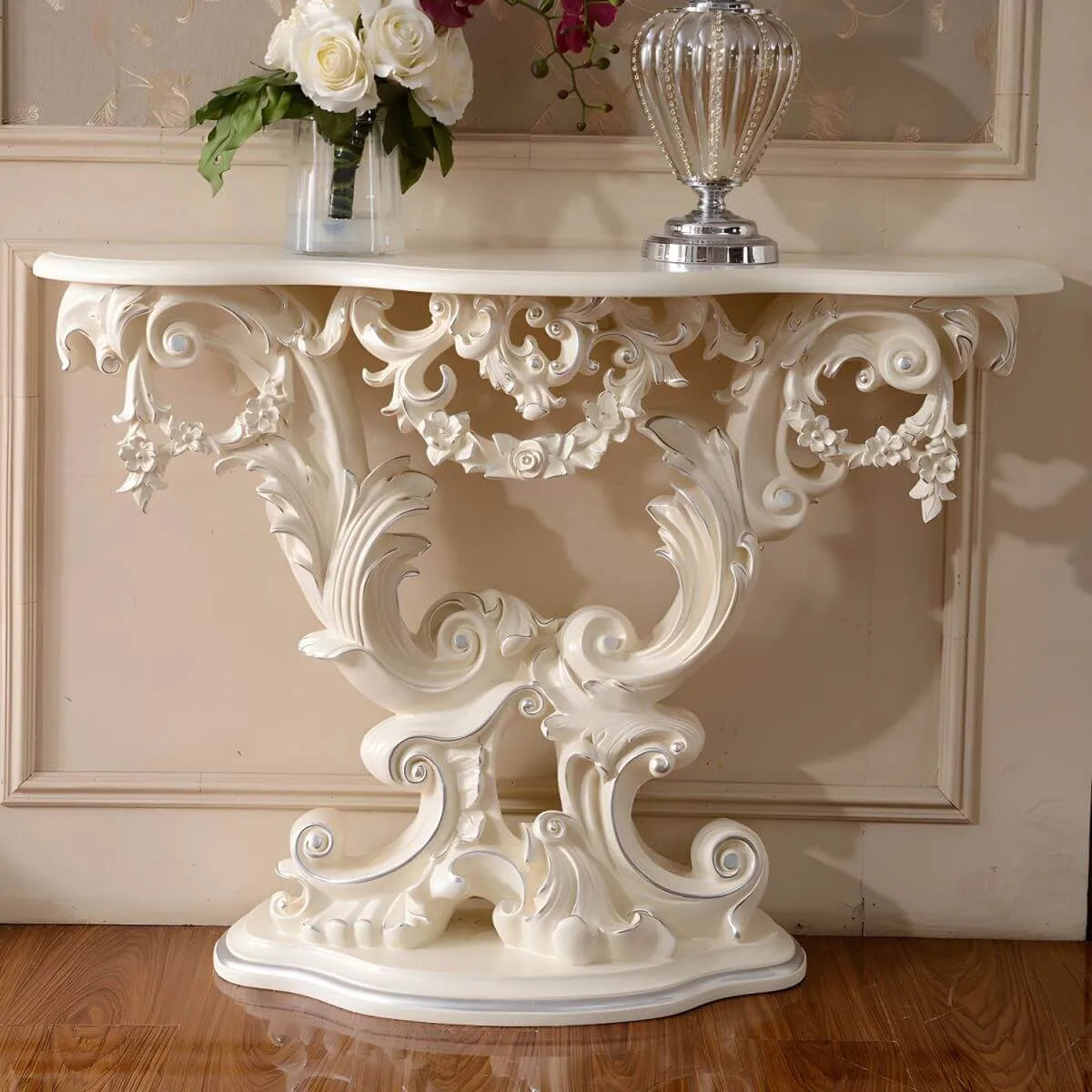 Rococo-Inspired Carved Console Table with Wood Top & Metal Base