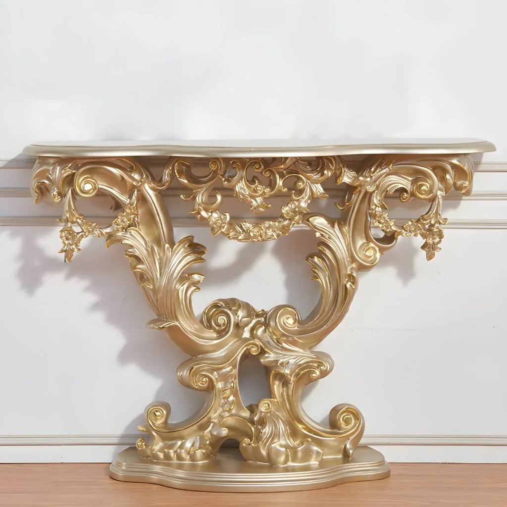 Rococo-Inspired Carved Console Table with Wood Top & Metal Base
