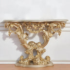 Rococo-Inspired Carved Console Table with Wood Top & Metal Base