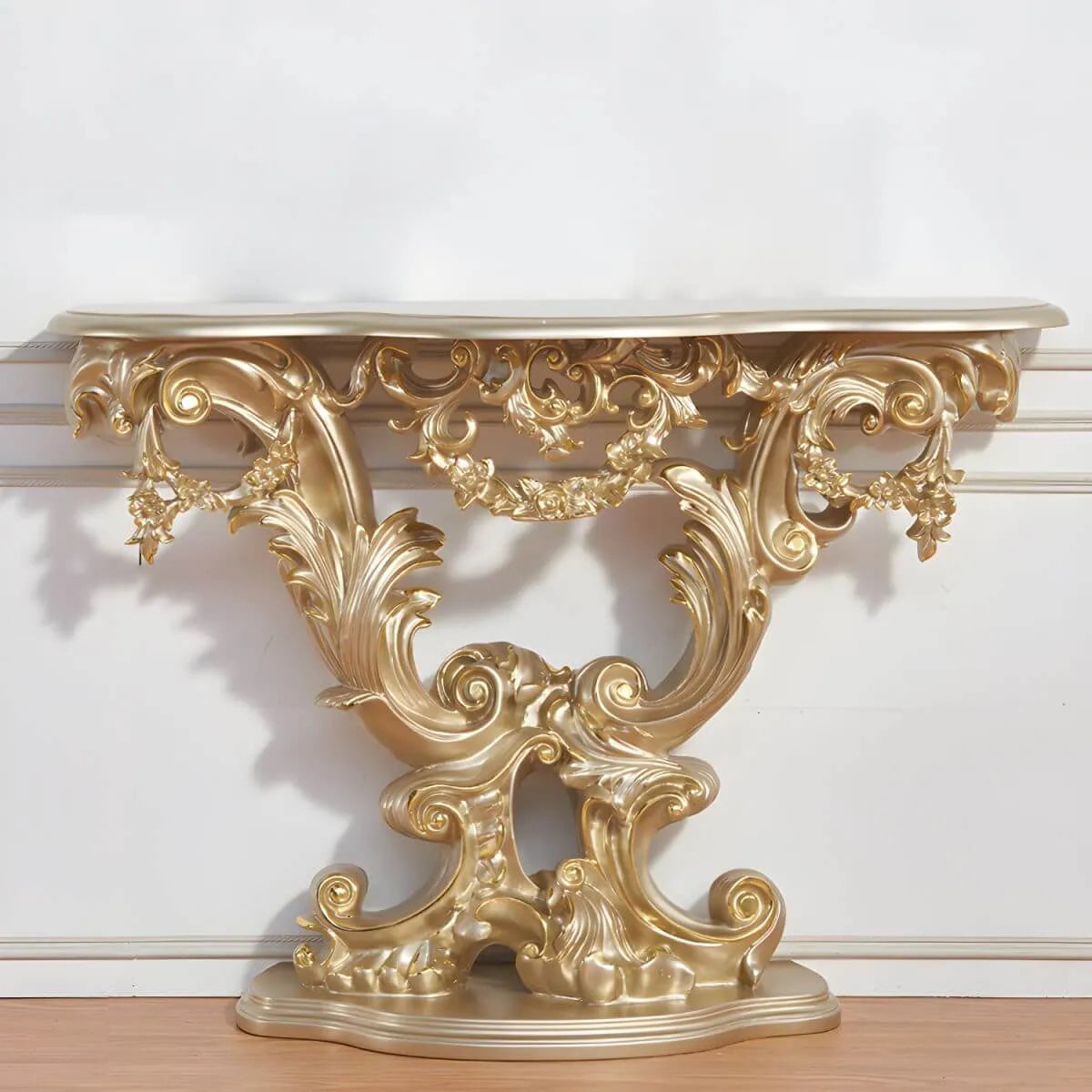Rococo-Inspired Carved Console Table with Wood Top & Metal Base