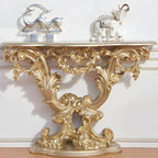 Rococo-Inspired Carved Console Table with Wood Top & Metal Base