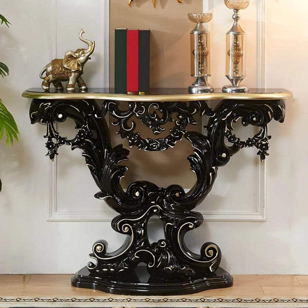 Rococo-Inspired Carved Console Table with Wood Top & Metal Base