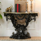 Rococo-Inspired Carved Console Table with Wood Top & Metal Base