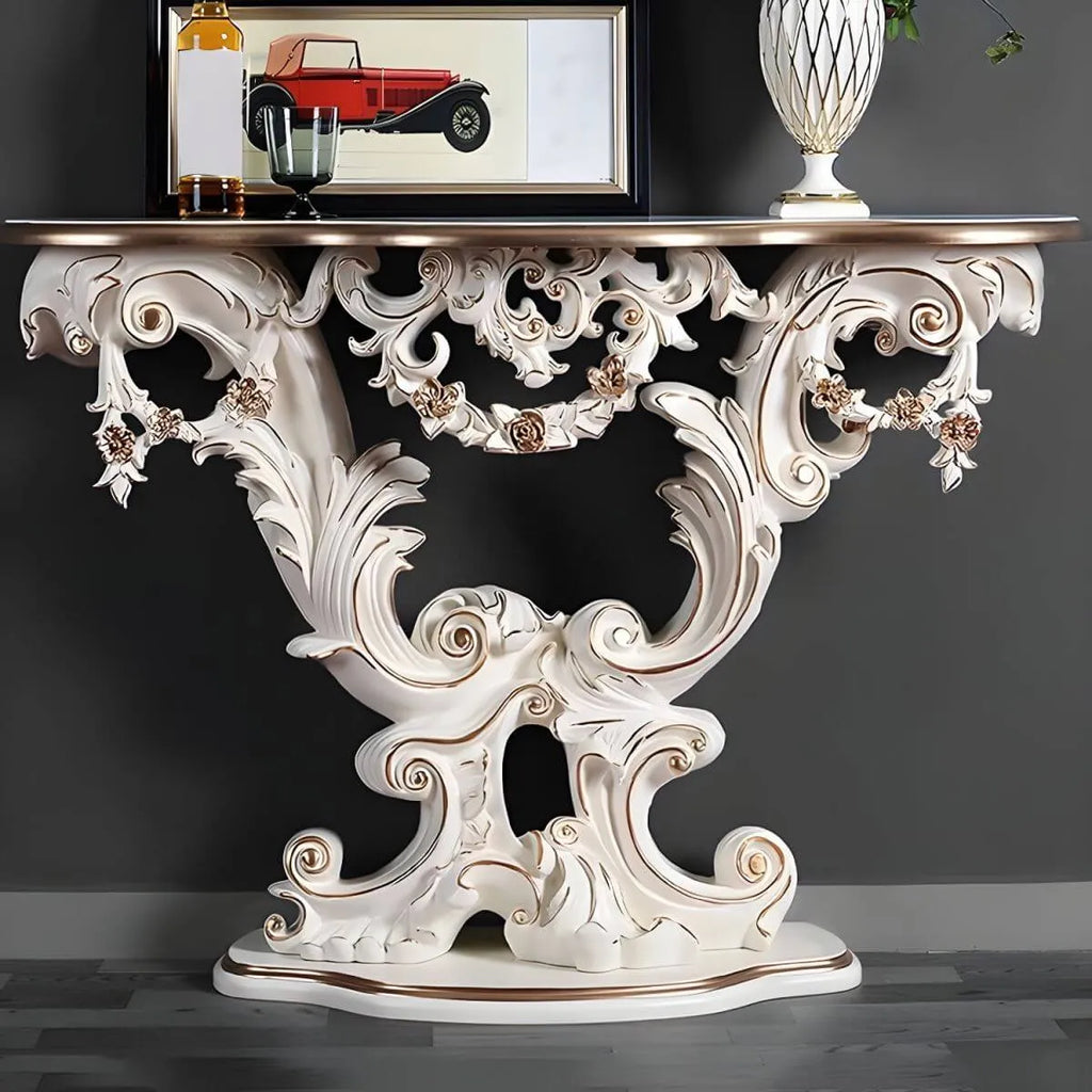 Rococo-Inspired Carved Console Table with Wood Top & Metal Base