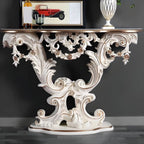 Rococo-Inspired Carved Console Table with Wood Top & Metal Base