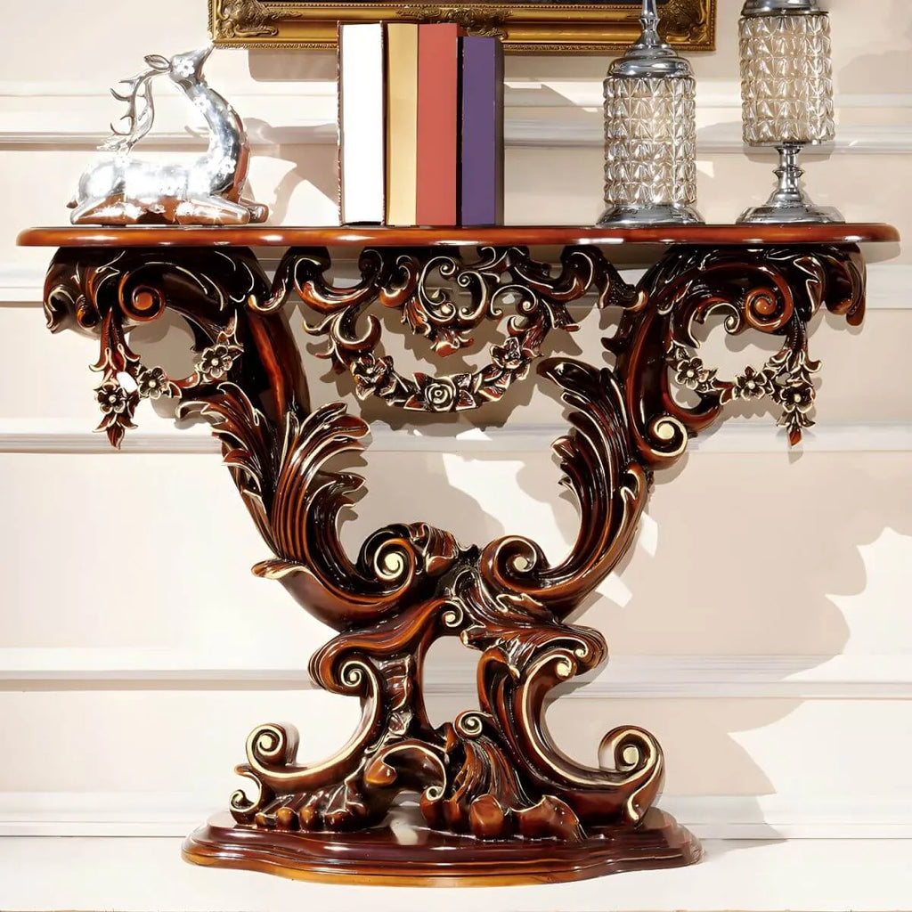 Rococo-Inspired Carved Console Table with Wood Top & Metal Base