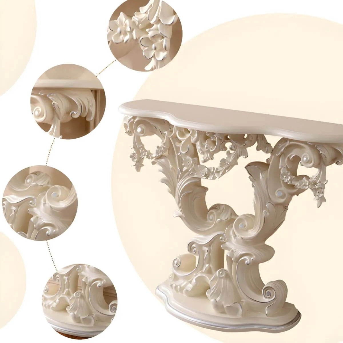 Rococo-Inspired Carved Console Table with Wood Top & Metal Base
