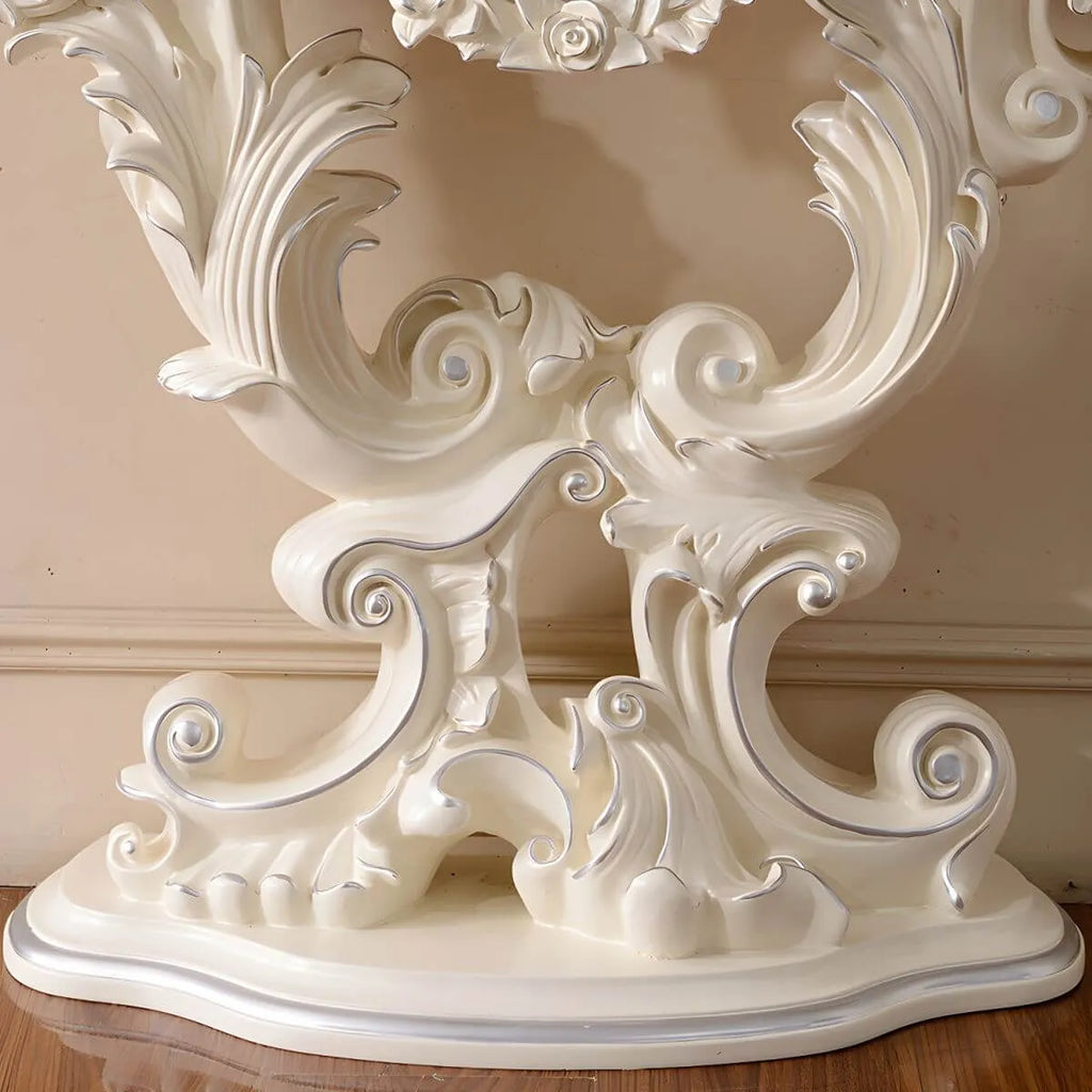 Rococo-Inspired Carved Console Table with Wood Top & Metal Base