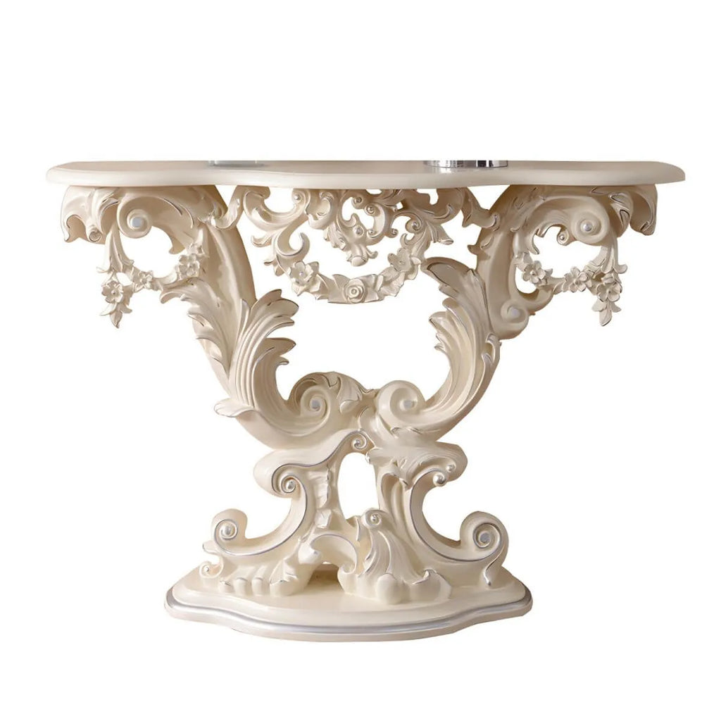 Rococo-Inspired Carved Console Table with Wood Top & Metal Base