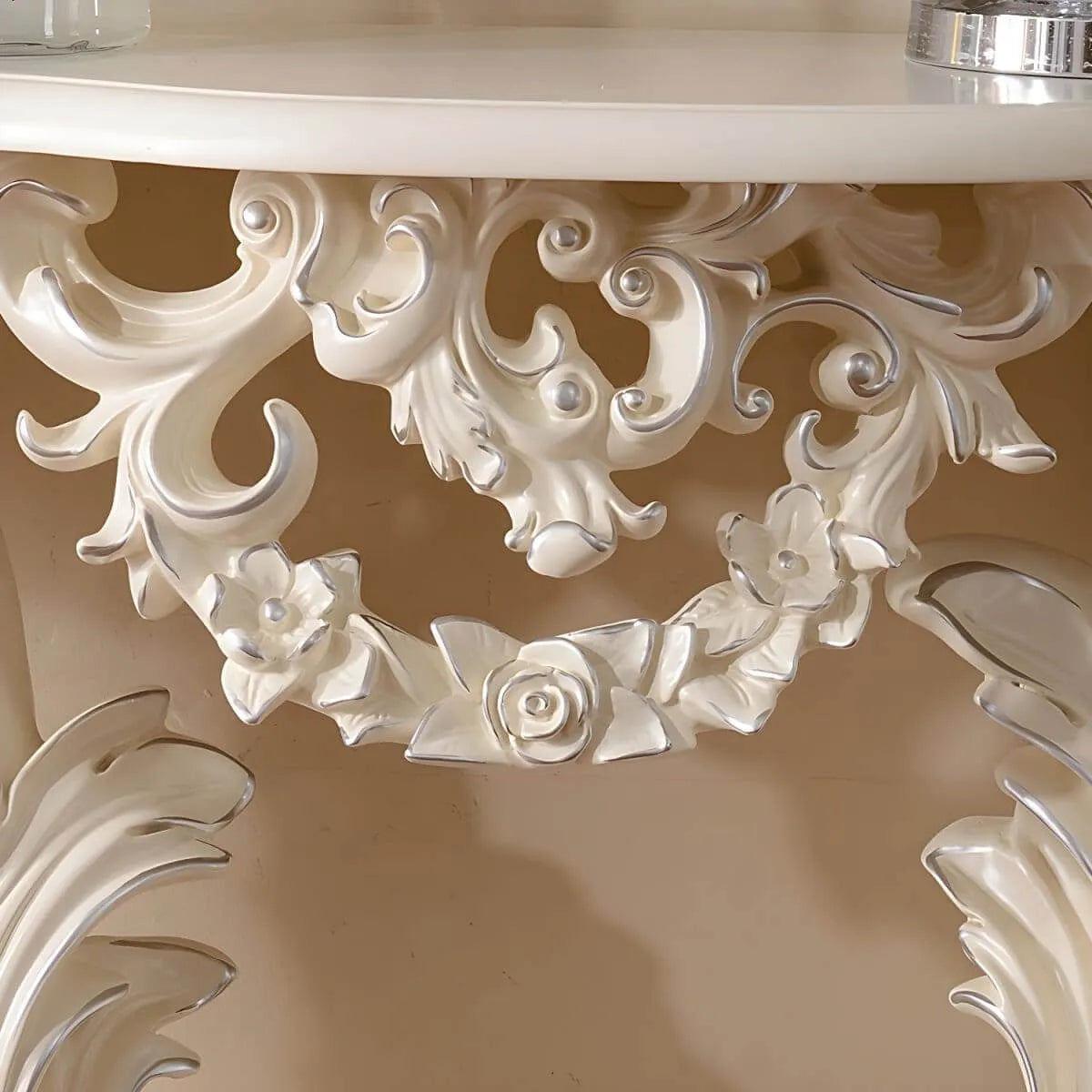 Rococo-Inspired Carved Console Table with Wood Top & Metal Base