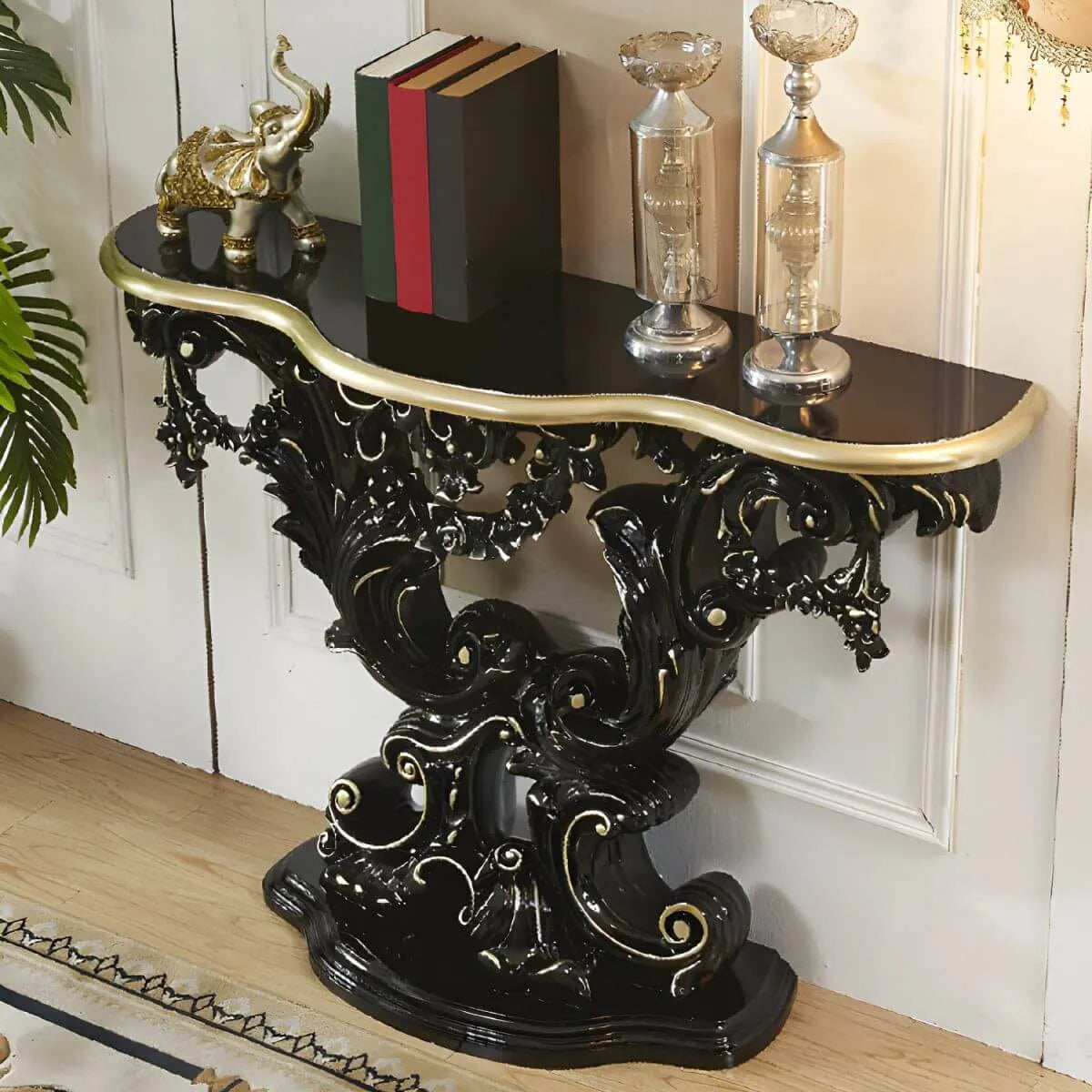Rococo-Inspired Carved Console Table with Wood Top & Metal Base