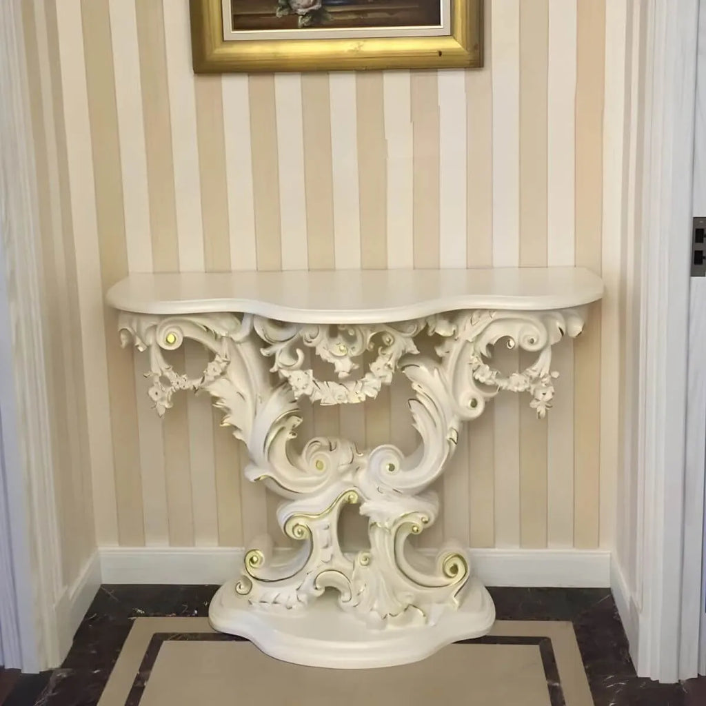 Rococo-Inspired Carved Console Table with Wood Top & Metal Base
