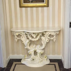 Rococo-Inspired Carved Console Table with Wood Top & Metal Base