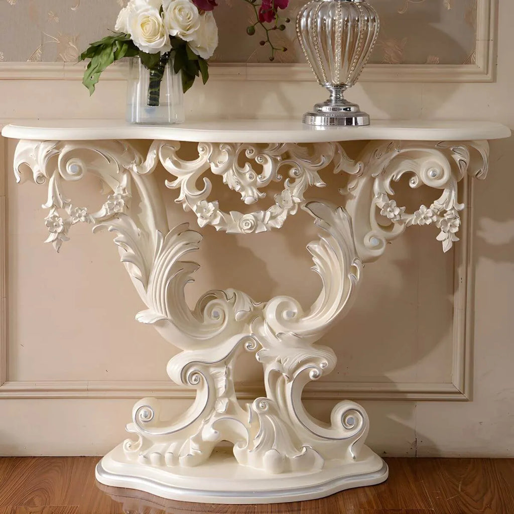 Rococo-Inspired Carved Console Table with Wood Top & Metal Base