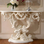 Rococo-Inspired Carved Console Table with Wood Top & Metal Base