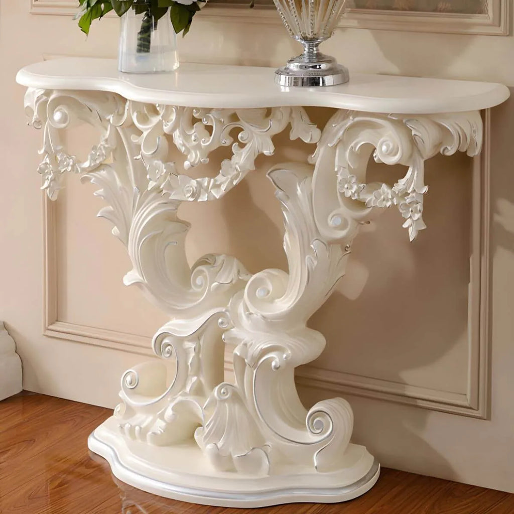 Rococo-Inspired Carved Console Table with Wood Top & Metal Base Main Product Image