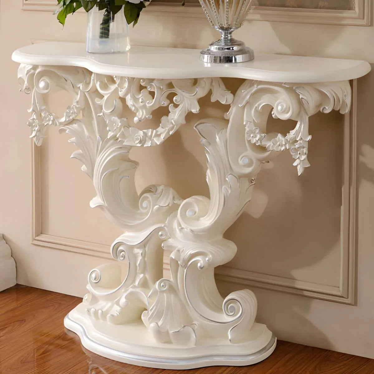 Rococo-Inspired Carved Console Table with Wood Top & Metal Base Main Product Image Main image