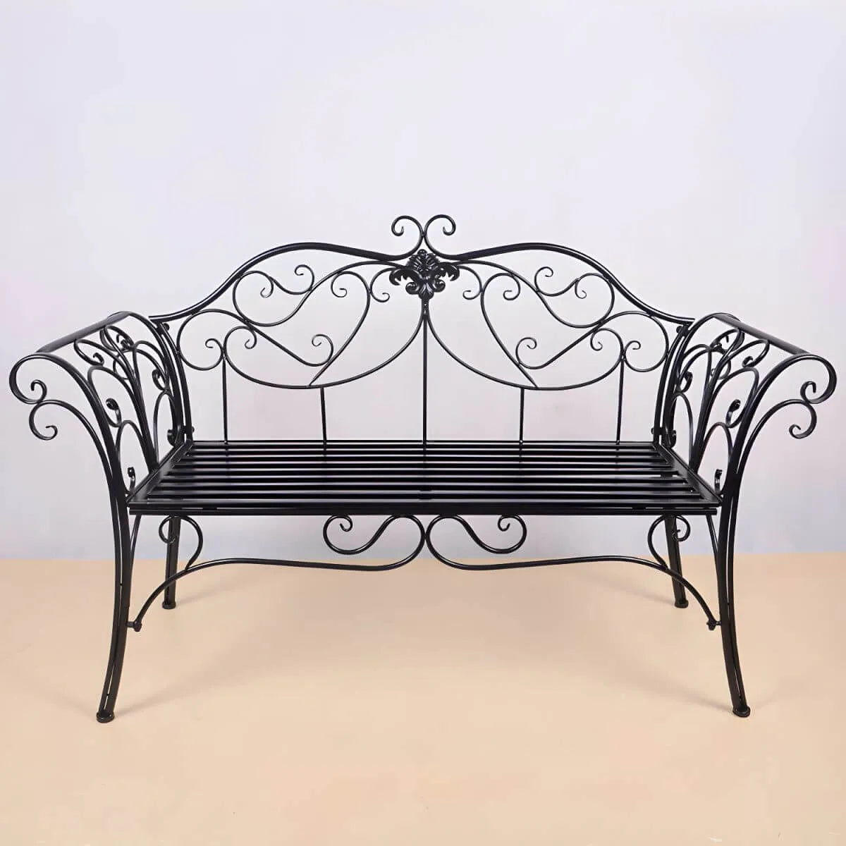 Rococo-Inspired Outdoor Bench in Powder-Coated Iron Frame