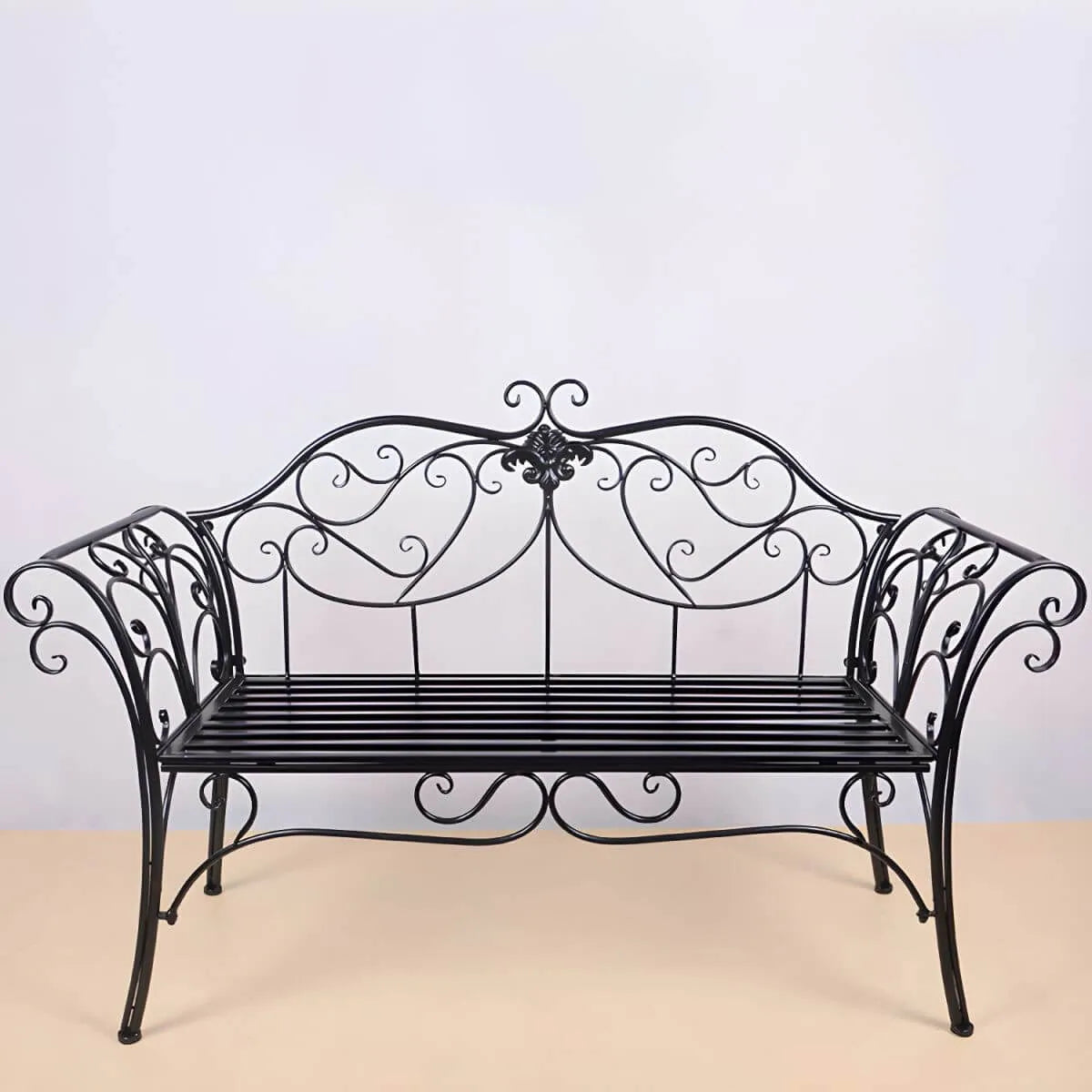 Rococo-Inspired Outdoor Bench in Powder-Coated Iron Frame