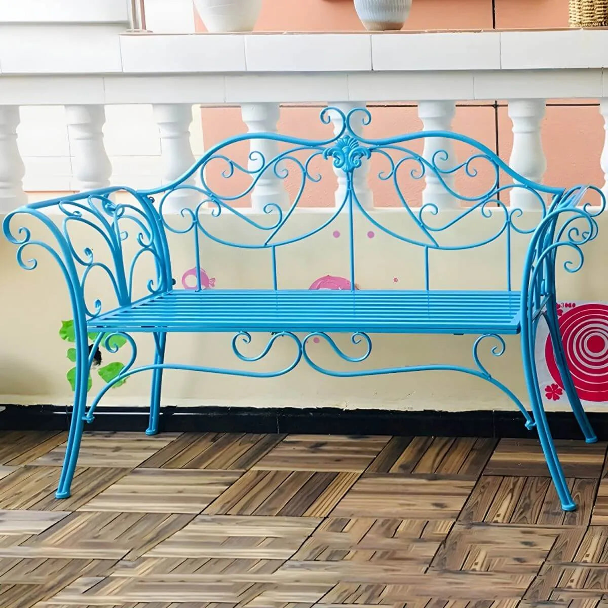 Rococo-Inspired Outdoor Bench in Powder-Coated Iron Frame